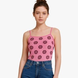 Pink Floral Print Spaghetti Strap Women's Tank Top